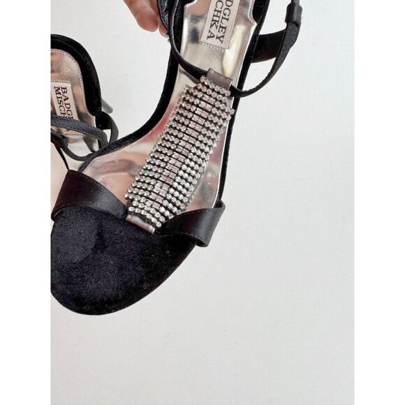 BADGLEY MISCHKA Java Black Satin Velvet Crystal TT-Stra Stiletto Heels, Size 7.5 - Picture 7 of 15
